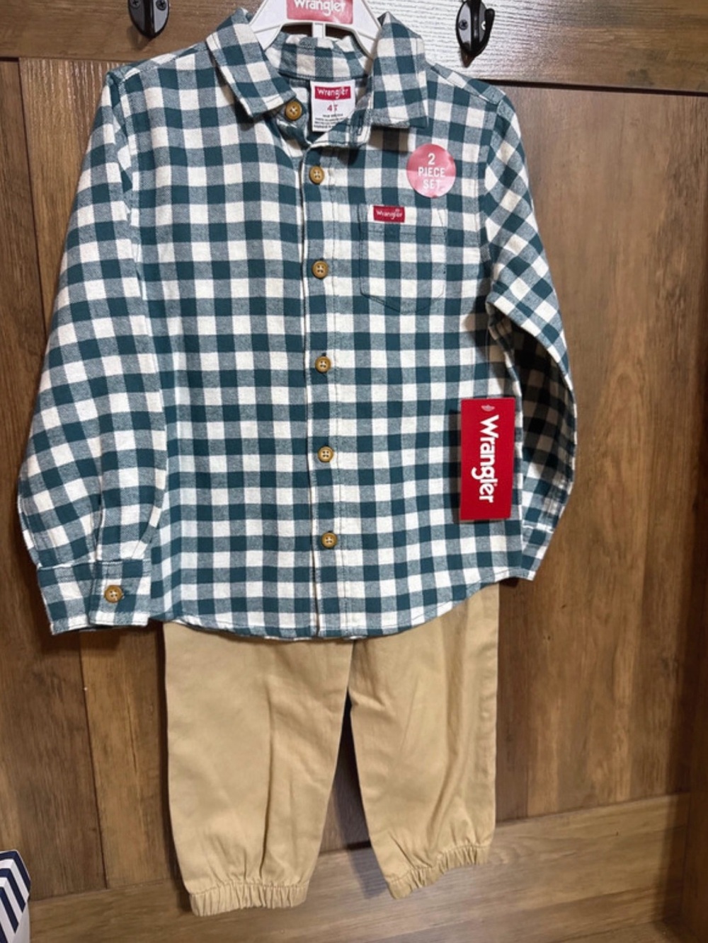 Wrangler Green and White Plaid Button-Down Shirt with Tan Pants Set